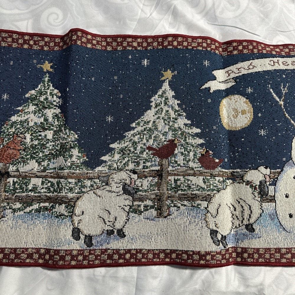 Tapestry 13" x 72" Snowman Cat Sheep Cardinal Tasseled Table Runner Made USA - Picture 4 of 9